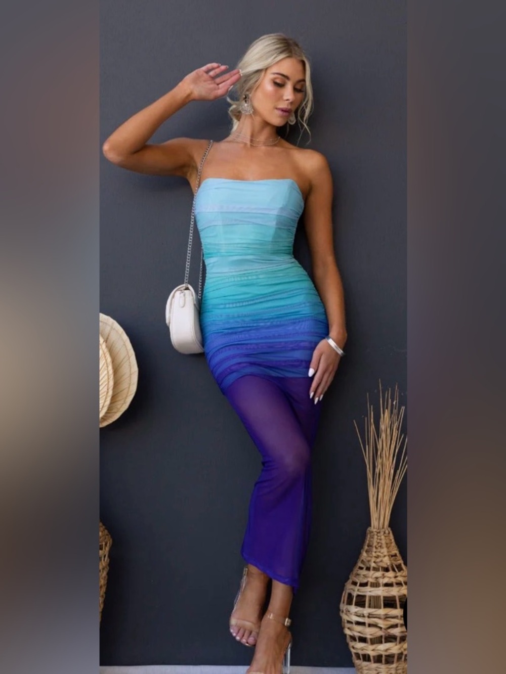 Ombre Blue Strapless Maxi Dress Ruched Mesh Bodycon Resort Euro Summer Sz Large